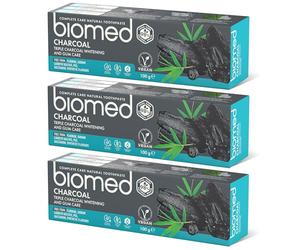 Pasta de dientes blanqueadora 98% natural Biomed Triple Charcoal | Cuidado de encías, carbón de bambú | Apto para veganos, sin SLES 100 g (Pack de 3)