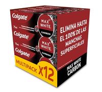 Pasta de dientes Colgate Max White Carbón Activo Pack 12 x 75ml | Pasta de dientes blanqueadora | Elimina hasta 100% de las manchas superficiales | Carbón activado y micro partículas minerales