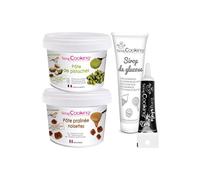 Pasta de pistacho + pasta de avellana + jarabe de glucosa + bolígrafo de glaseado negro