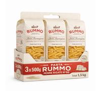 Pasta Rummo Penne Rigate Nº66, Pasta Italiana, Pasta alimenticia de sémola de trigo duro, Contiene gluten, Puede contener trazas de soja, Tiempo de cocción 11 minutos, 3 Paquetes de 500 gr