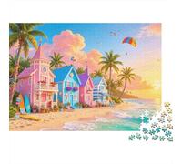 Pastel Beach Houses 1000 Piece Puzzle Papel Reciclado Fairy Tale Puzzles for Niños y niñas Ages 6 Years Up Family Gaming Time Props Great Regalo Idea Home 52x38cm/1000pcs