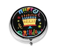Pastel grande de feliz cumpleaños. Este pequeño pastillero redondo es un organizador portátil de medicamentos de viaje con tres compartimentos para almacenar medicamentos diarios.
