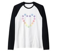 Pastel Rainbow Heart Cat Paw Prints Estética Gatos Amante Camiseta Manga Raglan
