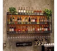 Pastilla de vino montada en la pared, estante de botella de vino de 3 niveles con estante de vástago, estantes flotantes de la unidad de barra, estante de vidrio de vino colgante de la rejilla de