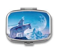 Pastillero A De Humedad Animal Luna Lobo Pastillero 2 Compartimentos Con Espejo Caja De Almacenamiento Dispensador De Metal Cuadrado Portátil Regalo Único