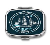 Pastillero A De Humedad Barco De Viaje Por Mar Dibujado A Mano Pastillero 2 Compartimentos Con Espejo Caja De Almacenamiento Dispensador De Metal Cuadrado Portátil Regalo Único