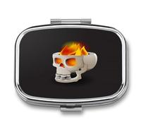 Pastillero A De Humedad Fire Burning In Skull Pastillero 2 Compartimentos Con Espejo Caja De Almacenamiento Dispensador De Metal Cuadrado Portátil Regalo Único