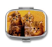 Pastillero A De Humedad Three Cute Kittens. Pastillero 2 Compartimentos Con Espejo Caja De Almacenamiento Dispensador De Metal Cuadrado Portátil Regalo Único