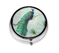 Pastillero azul aguamarina elegante Pavo real y plumas rama de árbol pastillero para bolso lindo pequeño organizador de pastillas redondo de viaje