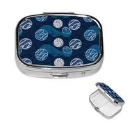 Pastillero azul de voleibol con espejo, 2 compartimentos, decorativo, para bolso o bolsillo, organizador de píldoras cuadrado pequeño, organizador de píldoras semanal, metal, medicina, tableta