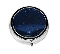 Pastillero azul oscuro con vista nocturna, organizador redondo de 3 compartimentos y pastillero de viaje portátil para viajes.
