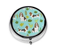 Pastillero Basset Hound Menta Cactus Dulce Perro Mascota Verano Tropical Plantas de moda Estuche de pastillas para monedero Pequeño lindo Organizador de pastillas redondo de viaje