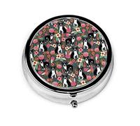Pastillero Boston Terrier Florals Flower Pastillero para monedero Lindo pequeño viaje Organizador de pastillas de forma redonda