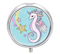 Pastillero Caballito De Mar Estrella Arcoiris 3 Rejillas Con Espejo Caja De Almacenamiento De Distribuidor De Metal Redonda Portátil A De Humedad Regalo Único