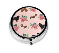 Pastillero Cavalier King Charles Spaniel Rosa Flores Floral Pastillero para perro para monedero Lindo pequeño organizador de pastillas redondo de viaje