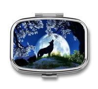 Pastillero Cherry Blossom Wolf On The Moon Night Caja De Almacenamiento A De Humedad Cuadrada Portátil Del Dispensador Del Metal De 2 Compartimentos Con El Regalo Único Del Espejo