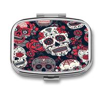 Pastillero Colorful Sugar Skull With Floral Caja De Almacenamiento A De Humedad Cuadrada Portátil Del Dispensador Del Metal De 2 Compartimentos Con El Regalo Único Del Espejo