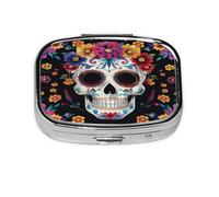 Pastillero colorido con diseño de calavera de azúcar, pastillero de viaje, organizador de pastillas cuadrado pequeño para bolso y regalos de bolsillo