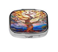 Pastillero colorido con patrón de árbol de la vida, pastillero de viaje, organizador de píldoras cuadrado pequeño para bolso y regalos de bolsillo