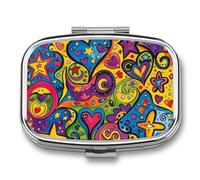 Pastillero colorido con patrón de graffiti con 2 compartimentos, pastillero portátil con espejo para bolso de bolsillo, viaje, mini organizador de medicamentos de metal para vitaminas y aceite de