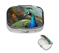 Pastillero colorido de pavo real con espejo, 2 compartimentos, decorativo, para bolso o bolsillo, organizador de píldoras cuadrado pequeño, organizador de píldoras semanal, tableta de medicina