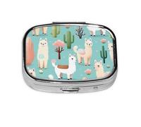 Pastillero con 2 compartimentos, bonito diseño de alpaca, llama, cactus, con espejo, organizador de pastillas pequeño para bolso o bolsillo organizador de vitaminas
