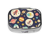 Pastillero con 2 compartimentos de dibujos animados Rocket Star Planet Pastillero con espejo, organizador de pastillas pequeño para bolso o bolsillo organizador de vitaminas