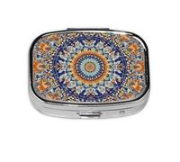 Pastillero con 2 compartimentos, diseño bohemio, clásico, con espejo, organizador de pastillas pequeño para bolso o bolsillo organizador de vitaminas