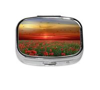 Pastillero con 2 compartimentos, diseño de campo de amapolas rojas en atardecer, organizador portátil