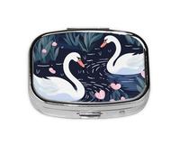 Pastillero con 2 compartimentos, diseño de corazones y cisnes, con espejo, organizador de pastillas pequeño para bolso o bolsillo, organizador de vitaminas