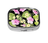 Pastillero con 2 compartimentos, diseño de flores rosas tropicales y palmeras de la selva, organizador portátil