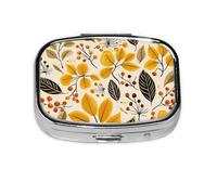 Pastillero con 2 compartimentos, diseño de hojas de otoño, bayas, con espejo, organizador de pastillas pequeño para bolso o bolsillo organizador de vitaminas