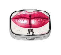 Pastillero con 2 compartimentos, diseño de la Torre Eiffel, diseño de labios rojos, con espejo, organizador de pastillas pequeño para bolso o bolsillo organizador de vitaminas