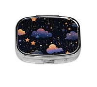 Pastillero con 2 compartimentos, diseño de nubes moradas y estrellas, con espejo, organizador de pastillas pequeño para bolso o bolsillo organizador de vitaminas