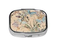 Pastillero con 2 compartimentos, diseño de pájaro, mariposa, flor, retro, con espejo, organizador de pastillas pequeño para bolso o bolsillo organizador de vitaminas