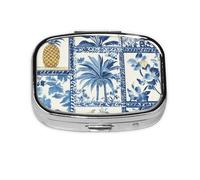 Pastillero con 2 compartimentos, diseño de piña tropical azul, con espejo, organizador de pastillas pequeño para bolso o bolsillo organizador de vitaminas