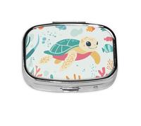 Pastillero con 2 compartimentos, diseño de tortuga marina con espejo, organizador de pastillas pequeño para bolso o bolsillo organizador de vitaminas