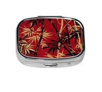 Pastillero con 2 compartimentos, estilo vintage japonés, hojas de árbol, pastillero con espejo, organizador de pastillas pequeño para bolso o bolsillo organizador de vitaminas