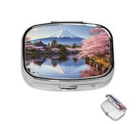 Pastillero con 2 compartimentos, mini pastillero Fuji, cerezo, árboles, pastillero, bolsillo impermeable, pastillero de metal, organizador decorativo para viajes o uso diario
