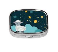 Pastillero con 2 compartimentos, nubes, corderos, estrellas, pastillero con espejo, organizador de pastillas pequeño para bolso o bolsillo organizador de vitaminas