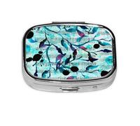 Pastillero con 2 compartimentos, organizador portátil y diseño de ramas de música de acuarela, hojas