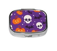 Pastillero con 2 compartimentos para Halloween, diseño de calabaza, esqueleto con espejo, organizador de pastillas pequeño para bolso o bolsillo organizador de vitaminas