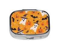 Pastillero con 2 compartimentos para Halloween, sombrero de bruja, fantasma, tableta con espejo, organizador de pastillas pequeño para bolso o bolsillo organizador de vitaminas