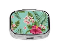 Pastillero con 2 compartimentos y organizador portátil con estampado de flores de plumeria e hibisco, hojas de palma exóticas de la selva