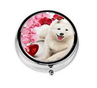Pastillero con 3 compartimentos y diseño de perro samoyedo con flores rosas, organizador portátil