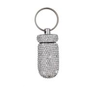 Pastillero con diamantes de imitación brillantes, pastillero portátil e impermeable, de bolsillo, con llavero, para camping, viajes, al aire libre (blanco)