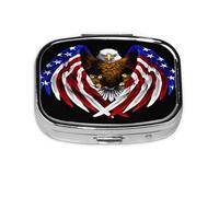 Pastillero con diseño de águila patriótica de la bandera de Estados Unidos, organizador cuadrado portátil con compartimentos para medicamentos, vitaminas y suplementos, diseño de metal duradero.
