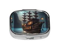 Pastillero con diseño de barco pirata fantasía, pastillero de viaje, mini pastillero cuadrado, 2 compartimentos