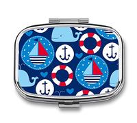 Pastillero con diseño de buques y ballenas con 2 compartimentos, portátil, organizador de pastillas de viaje