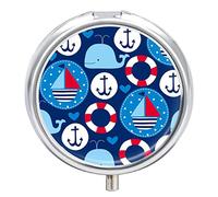 Pastillero con diseño de buques y ballenas con 2 compartimentos, portátil, organizador de pastillas de viaje